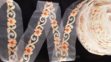 Beige Net Trim With Floral Embroidery, Pearl Beads Trim, Beaded Trim